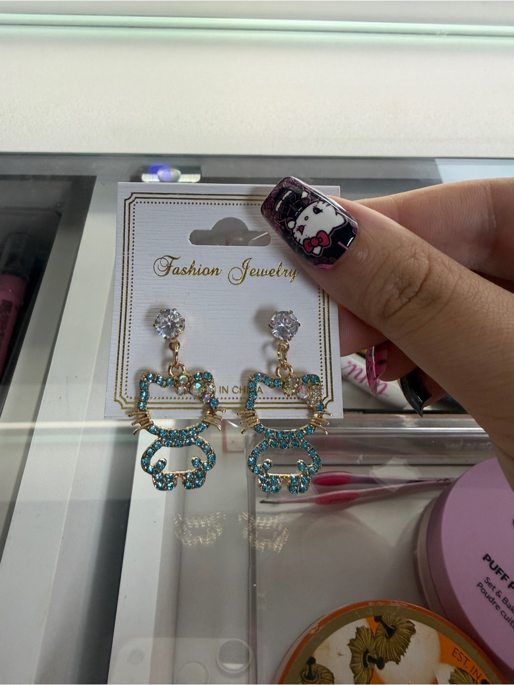 Gold-Tone Blue Crystal Hello Kitty Drop Earrings - Fashion Jewelry